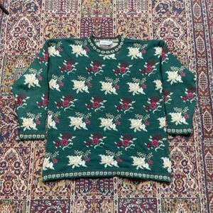 VTG 80s PRIVATE‎ EYES Womens Green Floral Knit Pattern Sweater Made in USA L